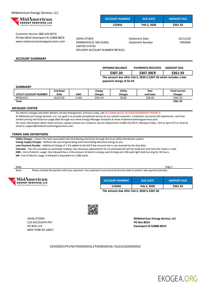 USA Iowa MidAmerican Energy Services utility bill template in Word and PDF format